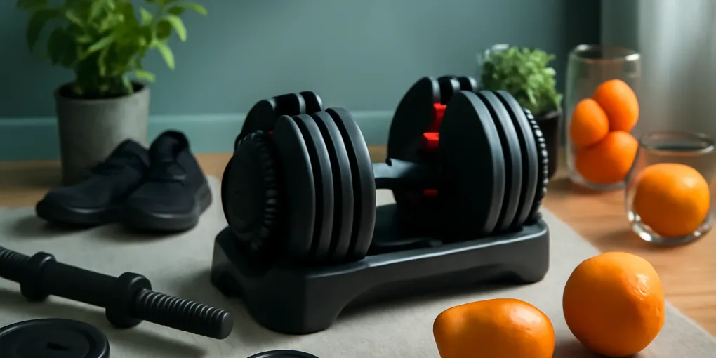 Adjustable dumbbells on a compact home gym floor with training notebook and neutral studio lighting