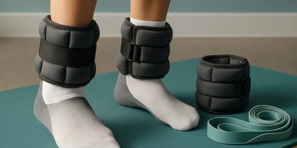 Lower legs wearing charcoal adjustable ankle weights on a teal workout mat with mobility exercise gear