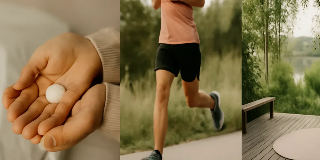 Collagen peptide powder beside running shoes and citrus slices for vitamin C