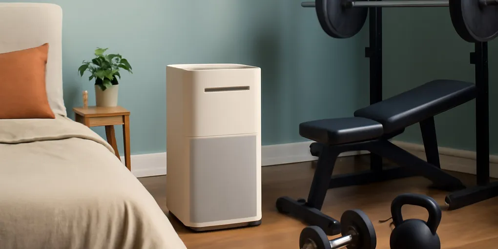Photorealistic unbranded health editorial scene for best HEPA air purifier home gym bedroom with relevant devices or products, clean tabletop, natural light, and no visible text