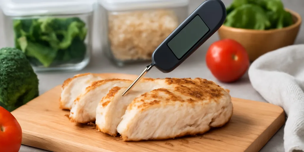 Photorealistic unbranded kitchen health editorial scene with grilled chicken breast, digital thermometer probe, cutting board, and meal prep containers, no visible text