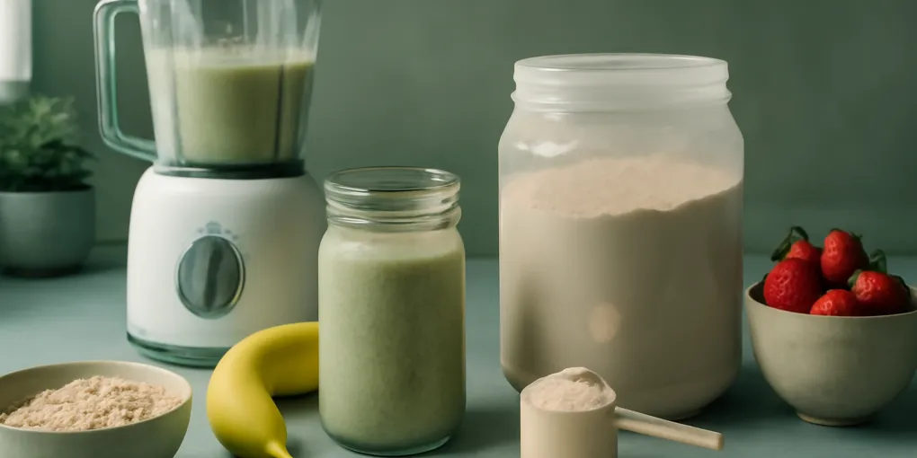 Morning smoothie ingredients with protein powder, fruit, oats, and a blender on a kitchen counter.
