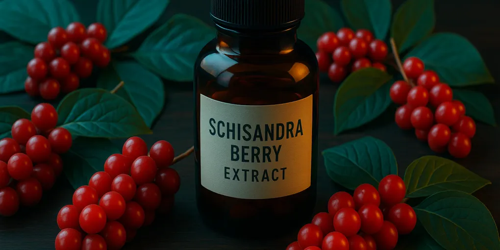 Red schisandra berries and supplement capsules on a dark wooden surface with green leaves