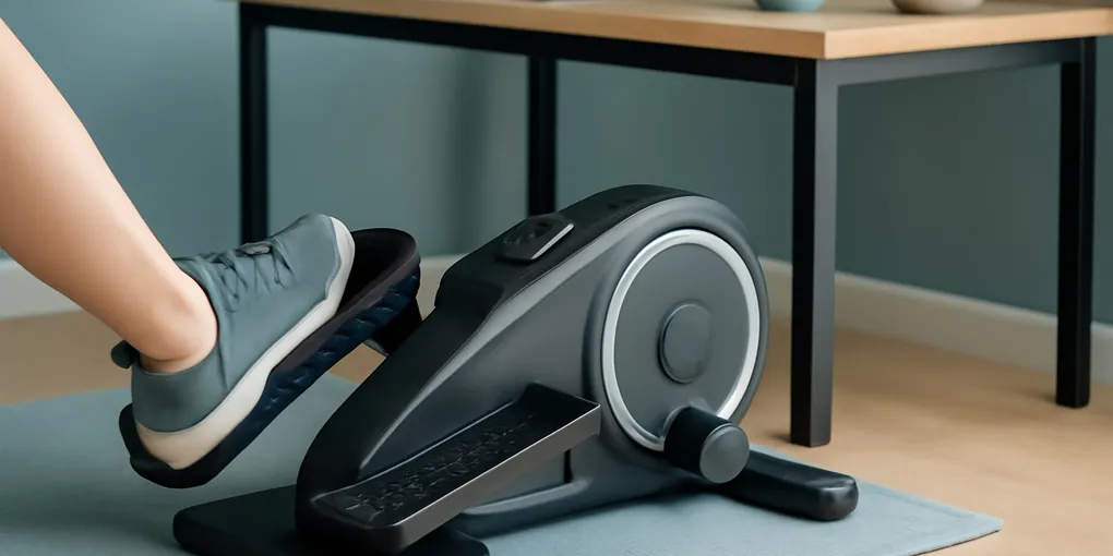 Photorealistic unbranded health editorial scene with an under-desk elliptical, office chair, sneakers, and water bottle in a tidy home-office corner, no visible text