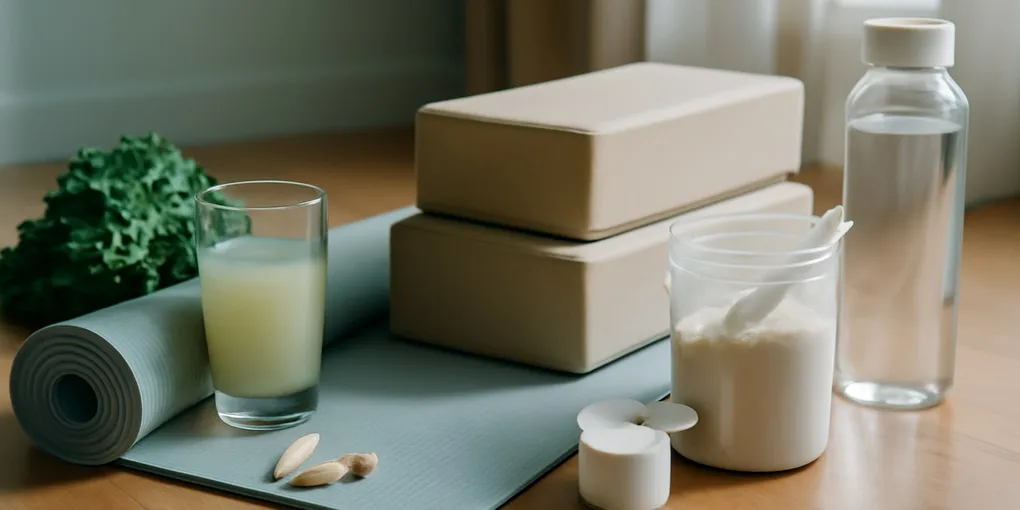 Photorealistic unbranded health editorial scene with rolled exercise mats, blocks, towel, and bare feet on a bright home workout floor, no visible text