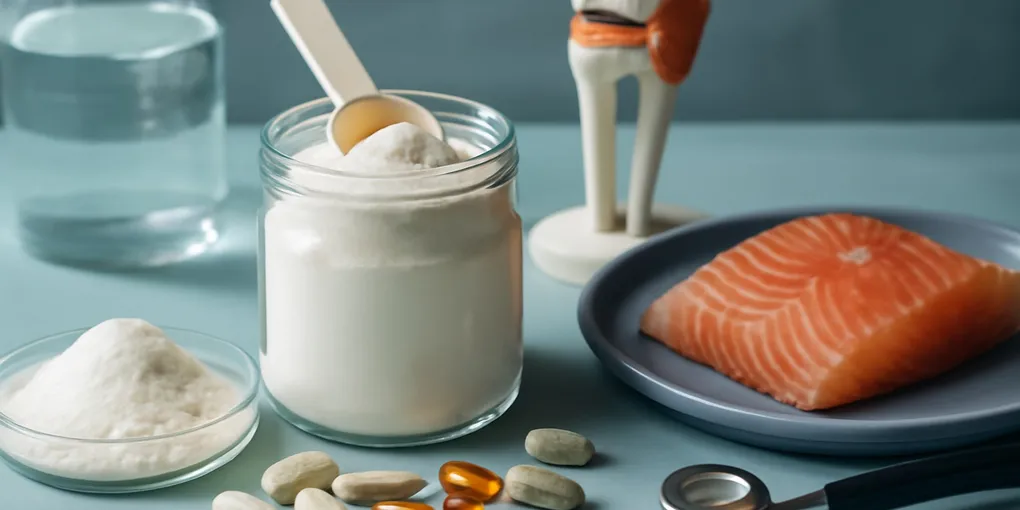 Photorealistic unbranded health editorial scene with collagen peptide powder, shaker, resistance band, and joint-health notes on a clean tabletop, natural light, no visible text