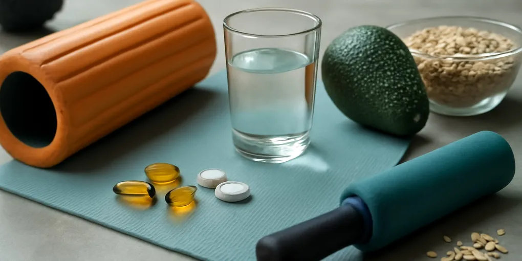 Photorealistic unbranded recovery scene showing foam rolling tools for soreness and mobility, with a foam roller, massage ball, resistance band, and running shoes on a clean gym floor, no visible text