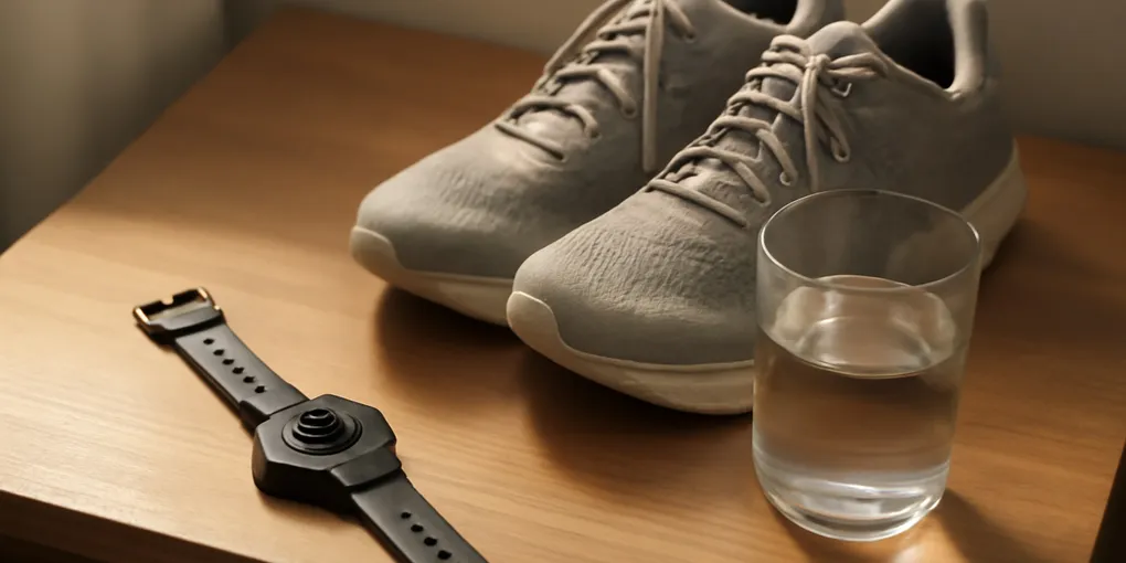 Photorealistic Garmin Venu 3 style health metrics smartwatch turned face down on a nightstand with running shoes, water glass, and no visible text