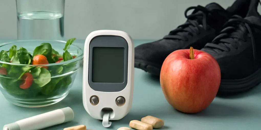 Photorealistic unbranded health editorial scene with a home glucose meter, test-strip vial, walking shoes, and meal plate on a clean countertop, no visible text