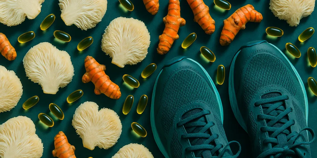 Neuroscience concept with brain silhouette surrounded by natural supplements and running shoes on a clean surface