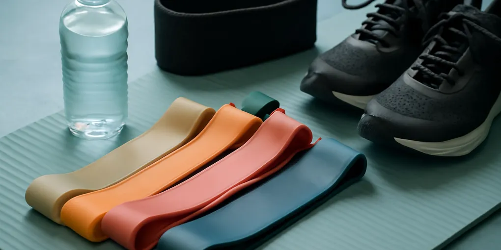 Photorealistic resistance bands arranged on a home workout mat representing band selection.