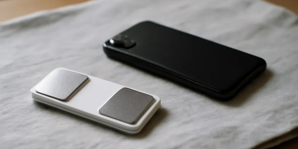 Photorealistic KardiaMobile-style heart rhythm tracking scene with unbranded handheld ECG sensor, smartphone face down, and no visible text