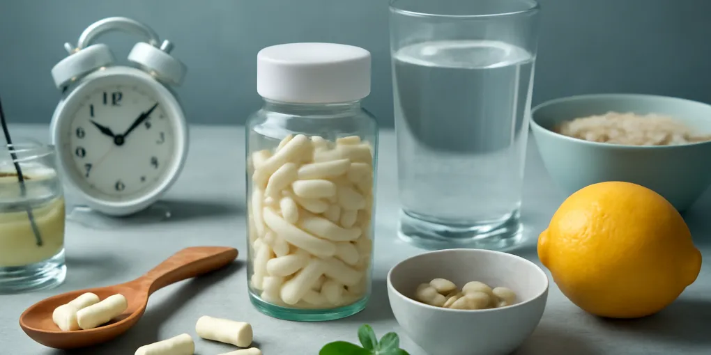 Magnesium capsules beside a glass of water and sleep journal on a calm bedside table