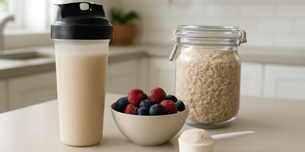 Protein powder satiety protocol setup with an unbranded shaker, oats, berries, and a scoop.