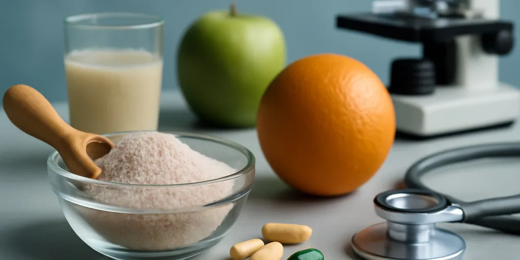 Photorealistic unbranded health editorial scene with psyllium husk powder, clear water glass, measuring spoon, oats, and fruit on a kitchen counter, no visible text