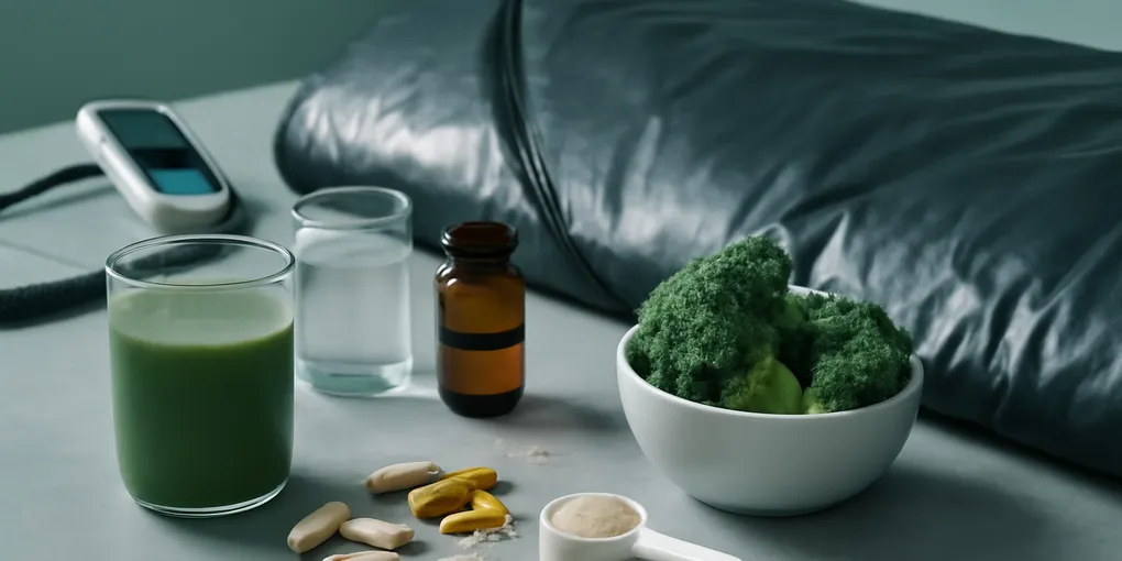 Photorealistic recovery room with an unbranded folded sauna blanket on a bench, towel, water bottle, and no visible text
