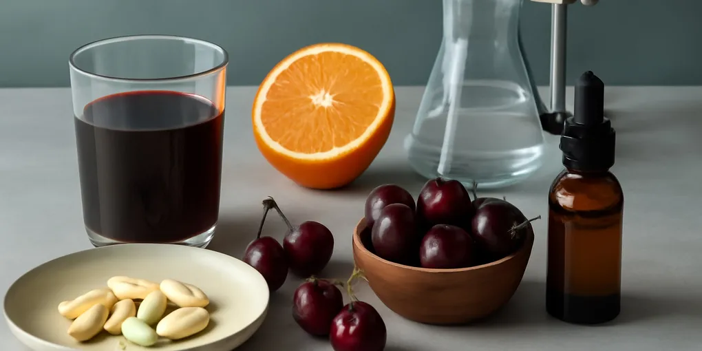 Photorealistic unbranded health editorial scene for tart cherry juice soreness sleep evidence with relevant devices or products, clean tabletop, natural light, and no visible text