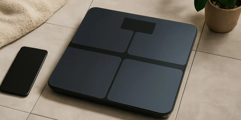Modern smart scale in a clean bathroom beside a towel and phone face-down with no visible text